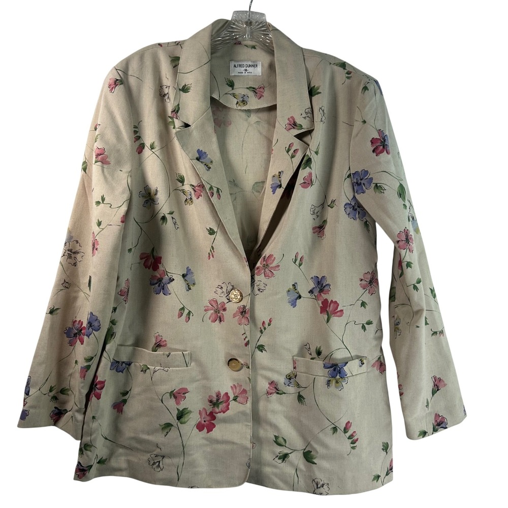 Alfred Dunner Vintage Floral Linen Blend Blazer Beige Pink Size 16 Made in USA